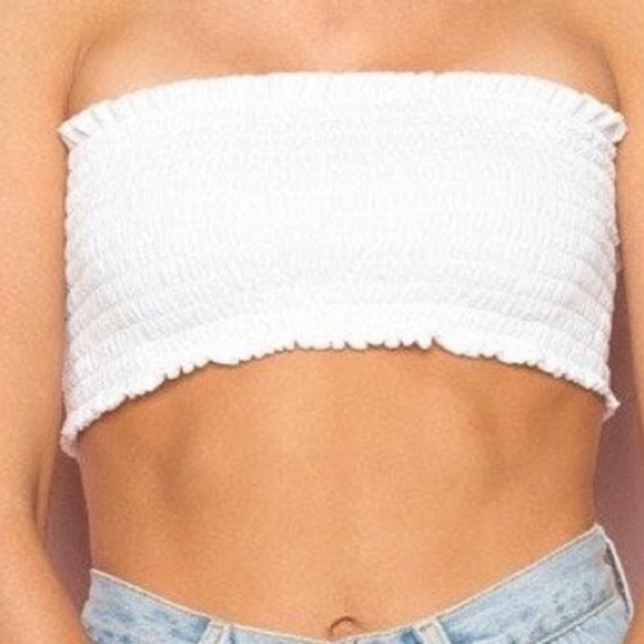 Brandy Melville Smocked Tube Top One Size White Strapless Bandeau Crop Top - Picture 1 of 9